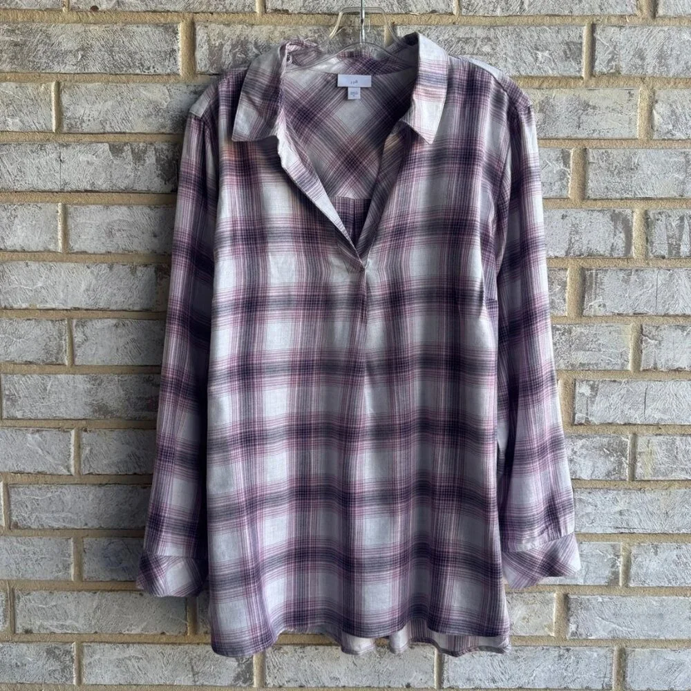 J. Jill Long Sleeve Split V-Neck Collared Plaid Shirt Women's Size XL